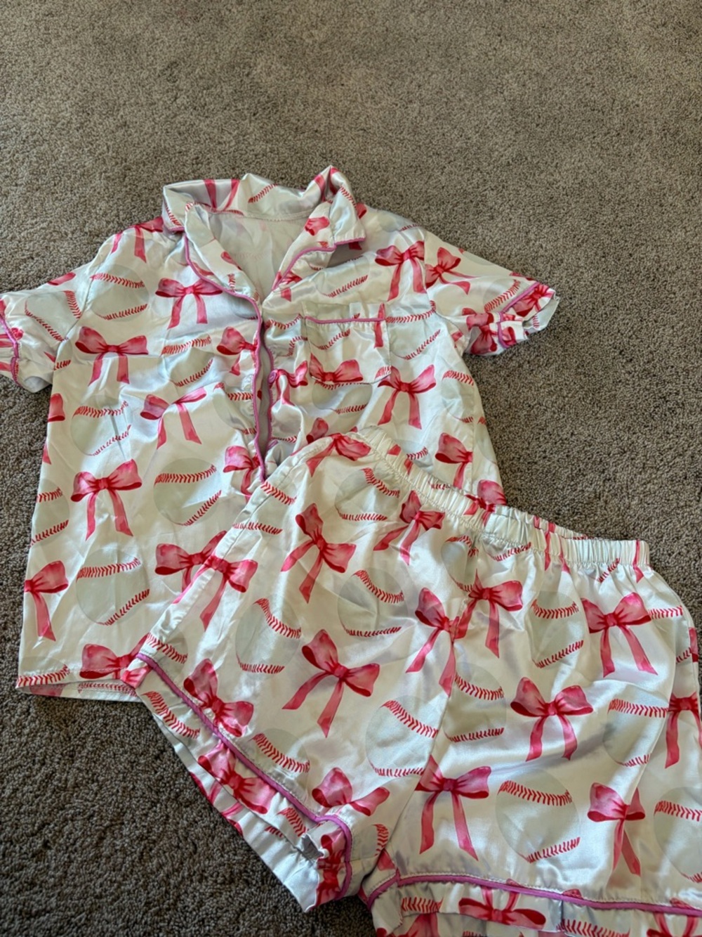 Girls White Pajama Set with Pink Bow Print